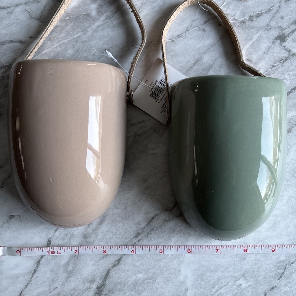 Wall Hanging Cermaic Planters Green Taupe Boho Housewarming Gift Set 2pc Cozy - Picture 9 of 11